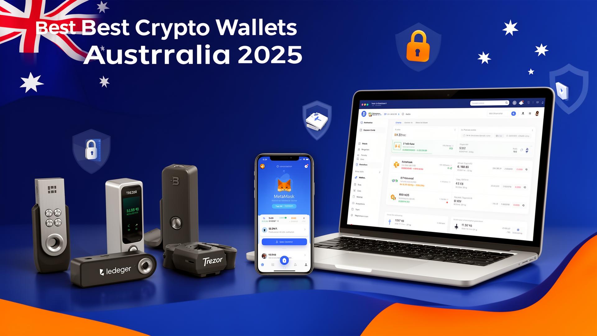 Best crypto wallets Australia 2025 showing Ledger, Trezor hardware wallets and MetaMask mobile app