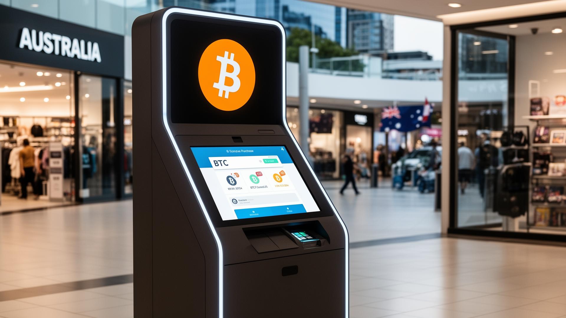 Bitcoin ATM kiosk in Australian shopping centre with CoinFlip and Eagle BTM logos
