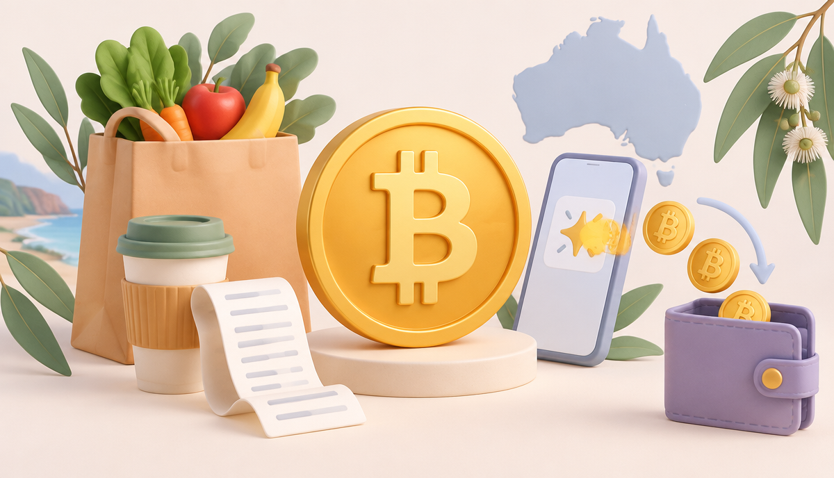 Bitcoin coin with everyday shopping, a phone and a digital wallet in a soft pastel Australian education illustration