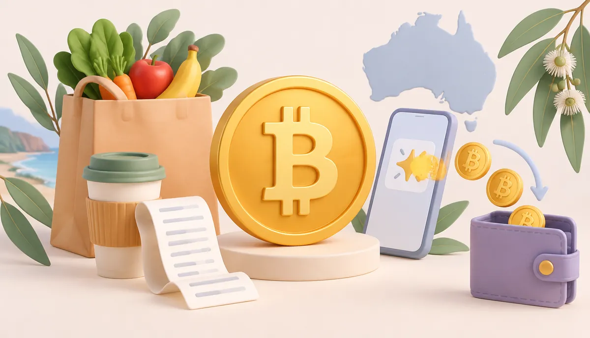 Bitcoin coin with everyday shopping, a phone and a digital wallet in a soft pastel Australian education illustration