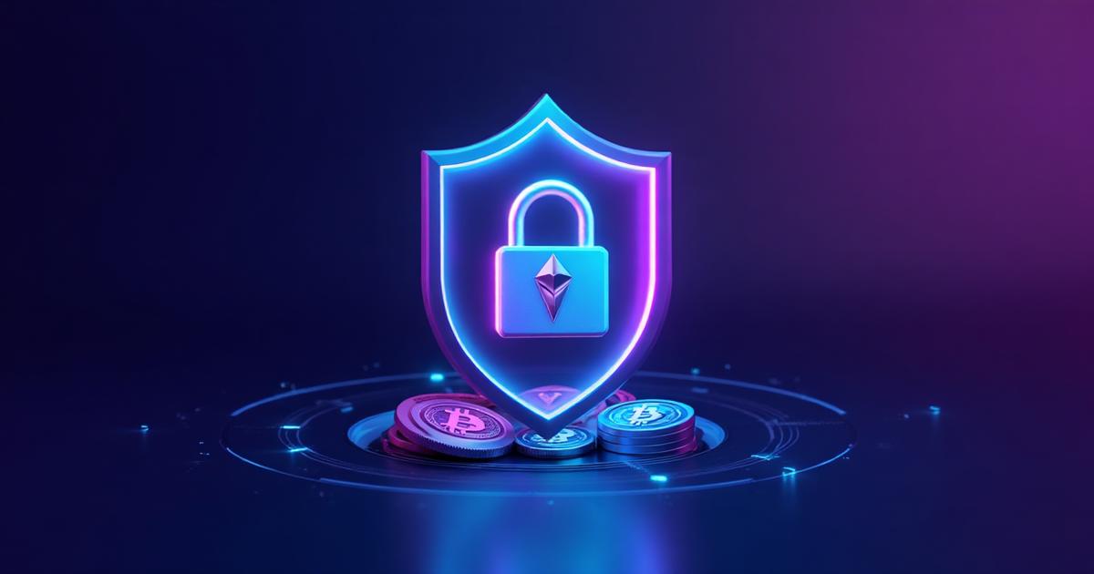 Digital shield protecting cryptocurrency coins representing crypto security and protection
