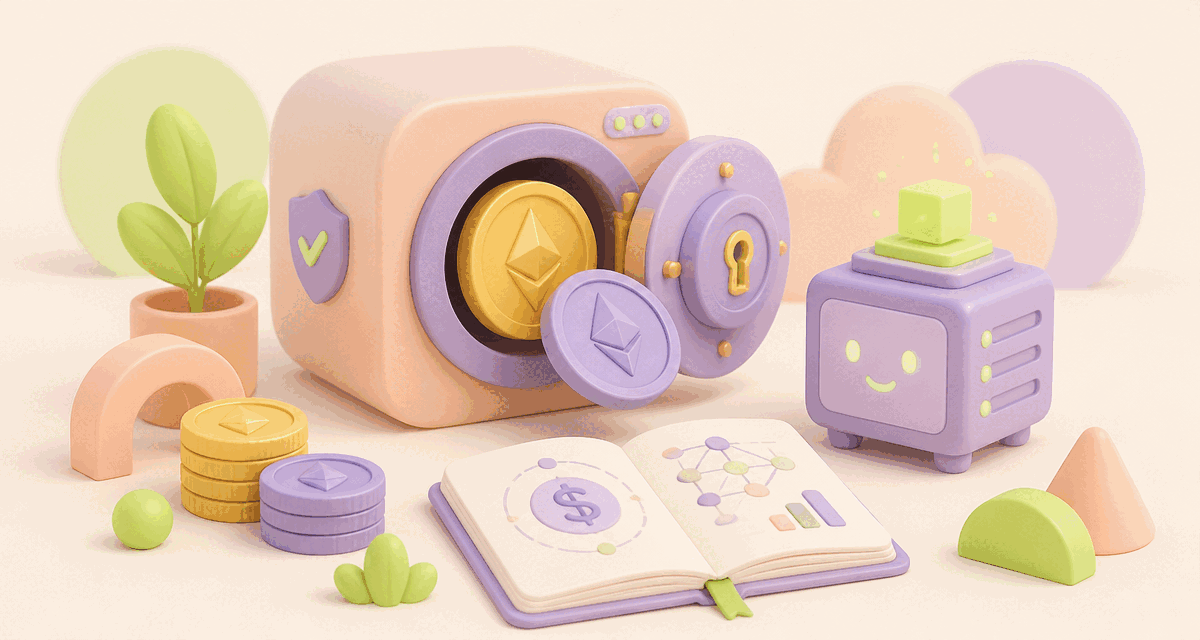 Illustrated Australian crypto staking concept — locked tokens, a validator, and an AUD tax notebook in soft pastel 16:9 learn-hub style