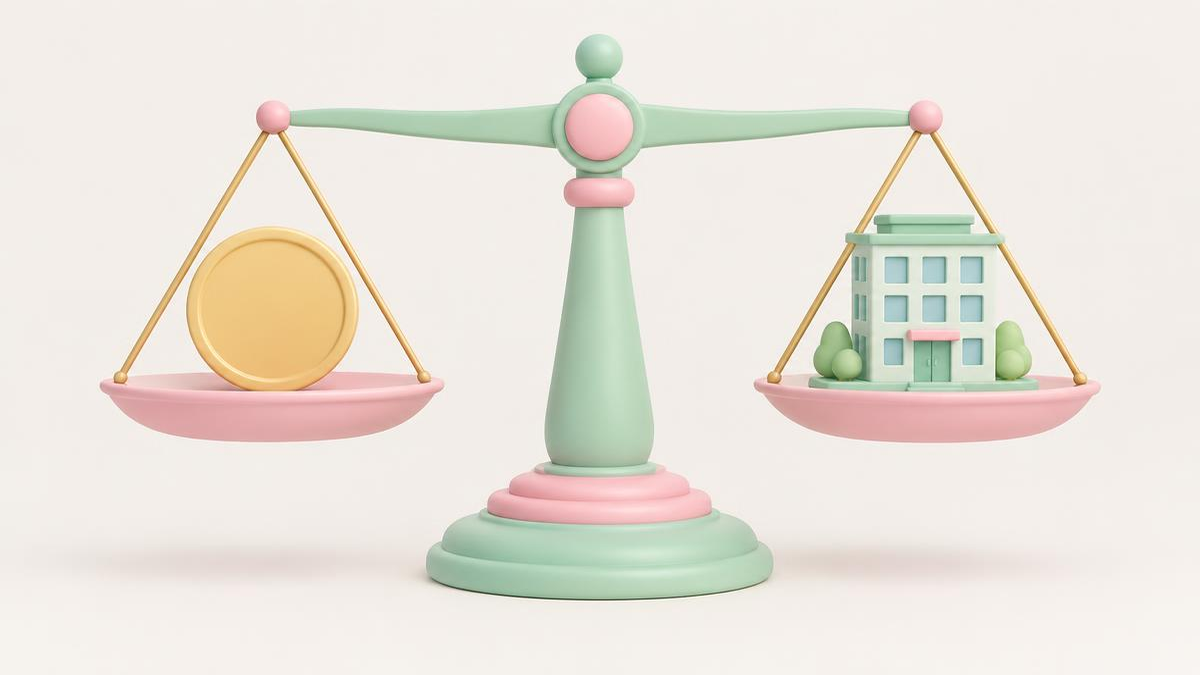 Illustrated pastel coin and a small office building balanced on either side of a set of scales