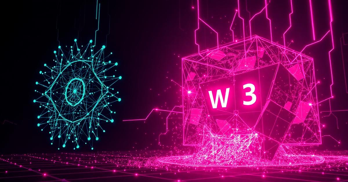 AI neural network dominating a shattered Web3 blockchain cube in neon pink and cyan