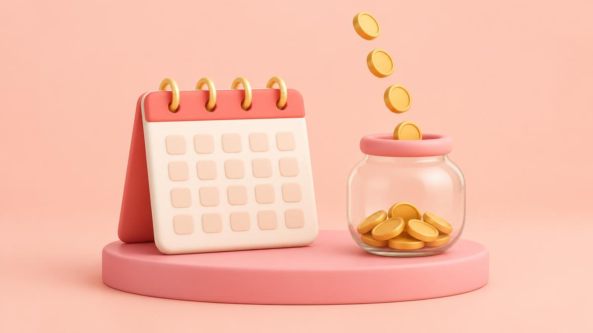 Illustrated calendar with evenly spaced coins dropping into a jar on a soft pastel background