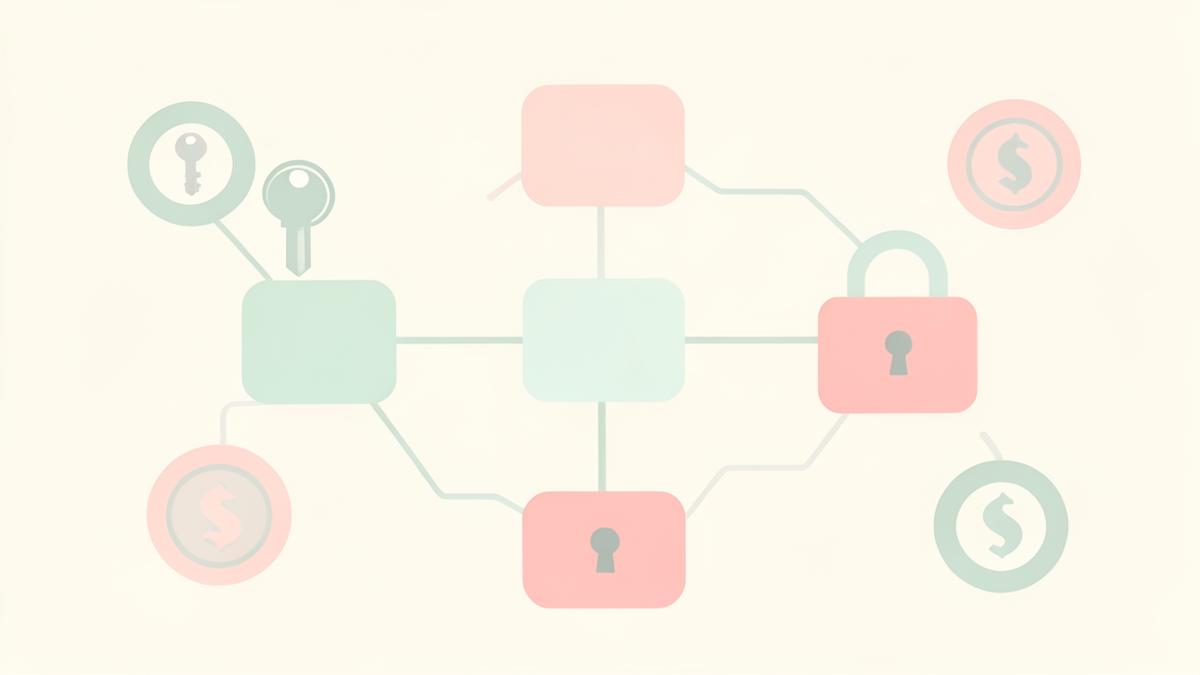 Illustrated shared ledger of linked blocks with keys and coins on a pastel gradient