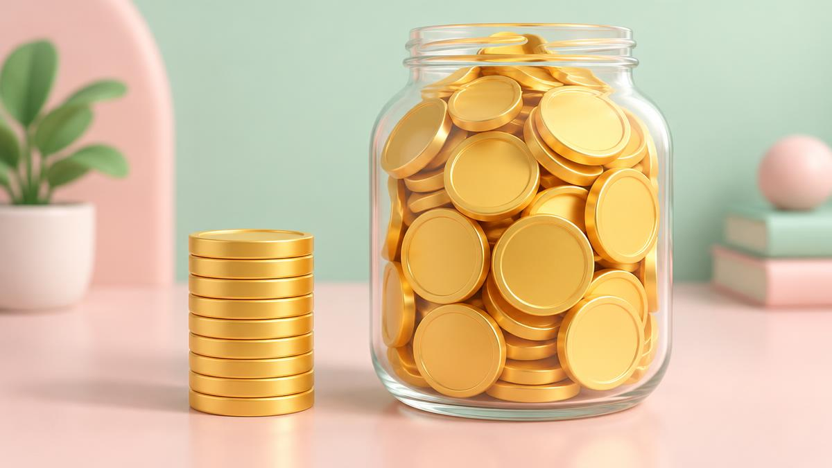 Illustrated stack of gold coins beside a nearly full glass jar on a soft pastel background