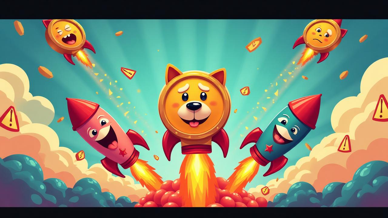 Colorful meme coin mascots with rocket ships and price charts showing high-risk crypto investments