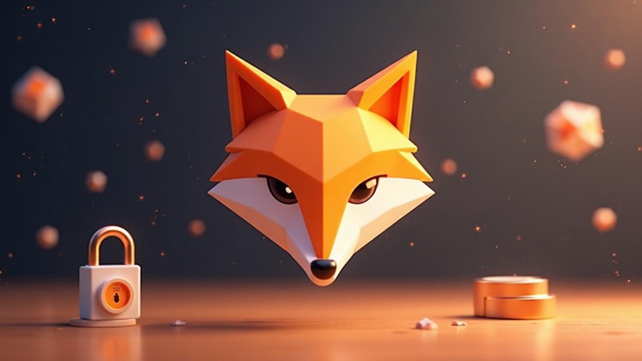 MetaMask fox logo with browser extension interface and digital wallet security features