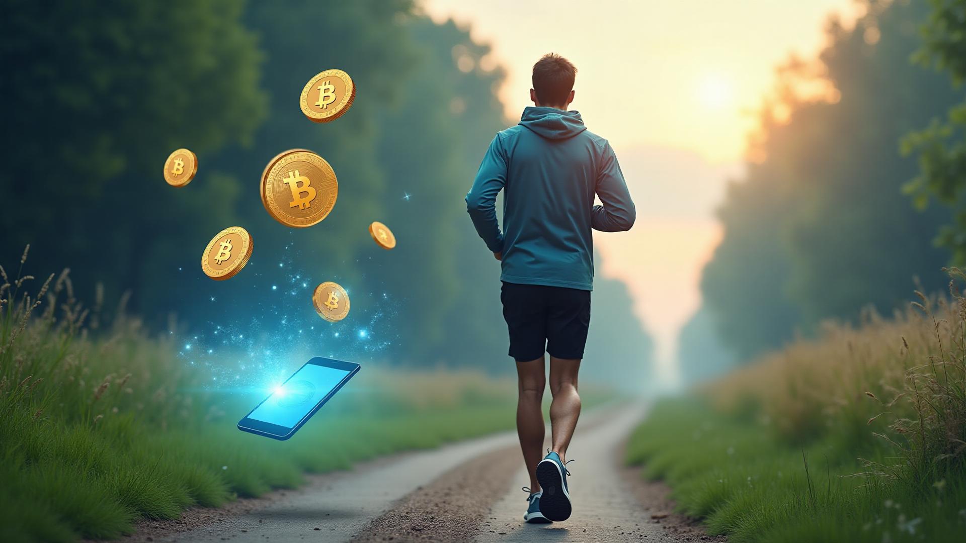 Move to Earn crypto apps showing person exercising and earning cryptocurrency rewards