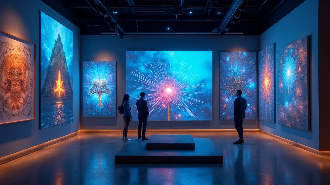 NFT digital art gallery with unique artworks and blockchain certificates displayed on screens