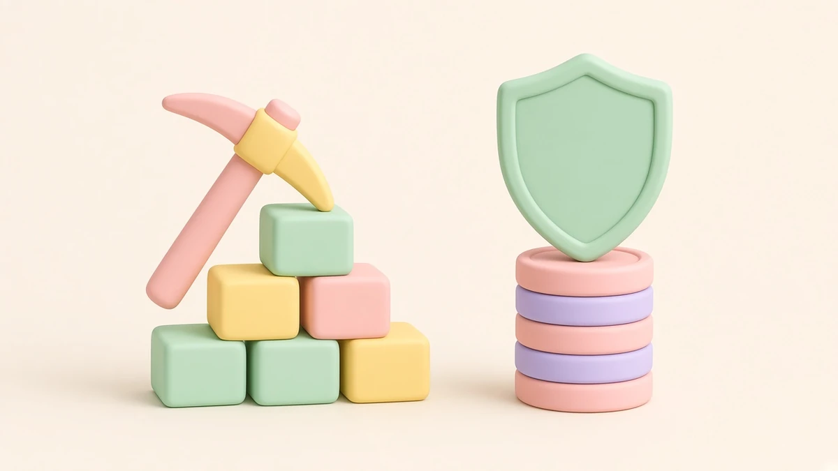 Illustrated pastel pickaxe beside stacked blocks and a pastel shield resting on a stack of plain coins on a warm off-white background