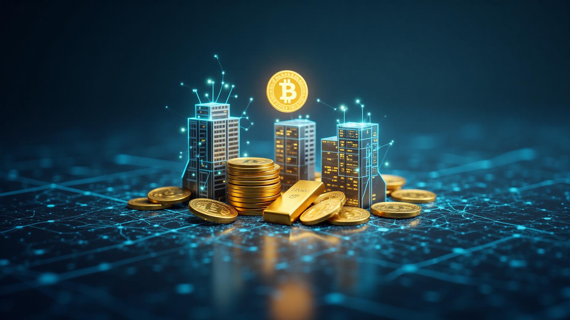Real World Assets (RWA) tokenization showing buildings, gold, and traditional assets on blockchain