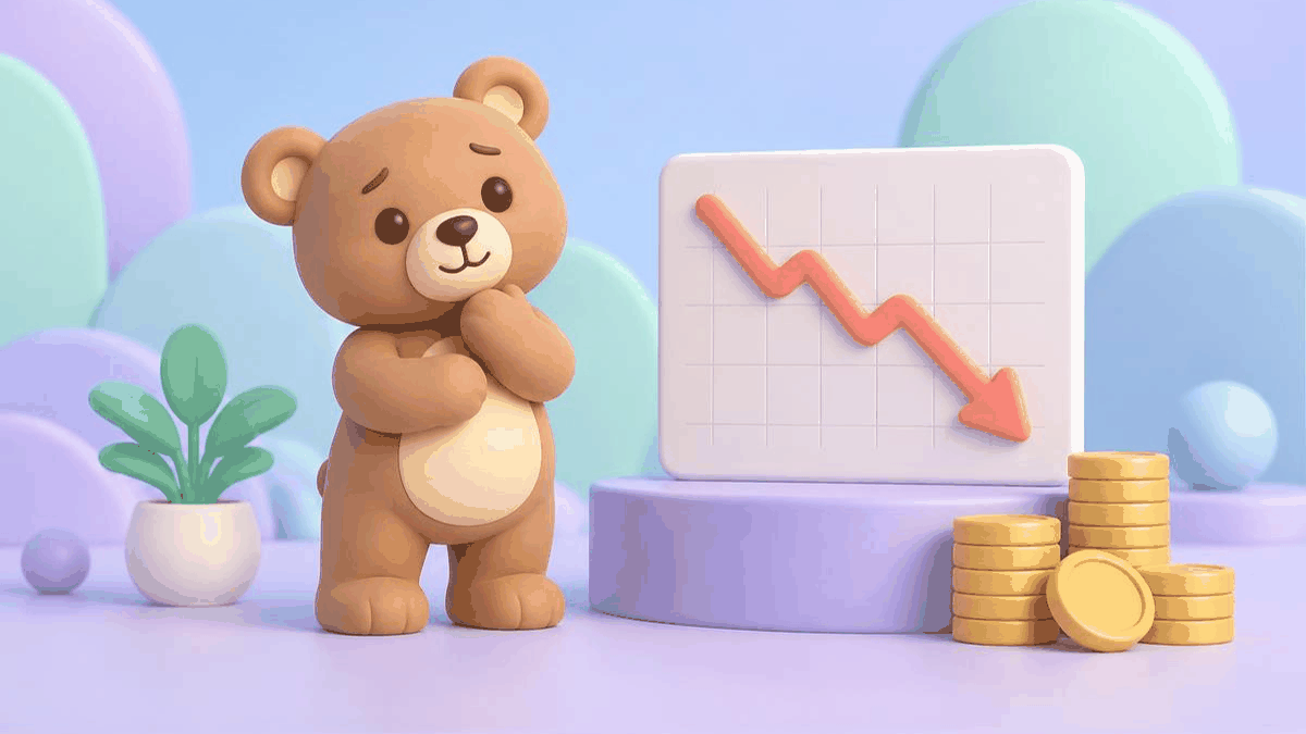 Illustrated friendly bear beside a downward-sloping price chart and stacked coins on a soft pastel background