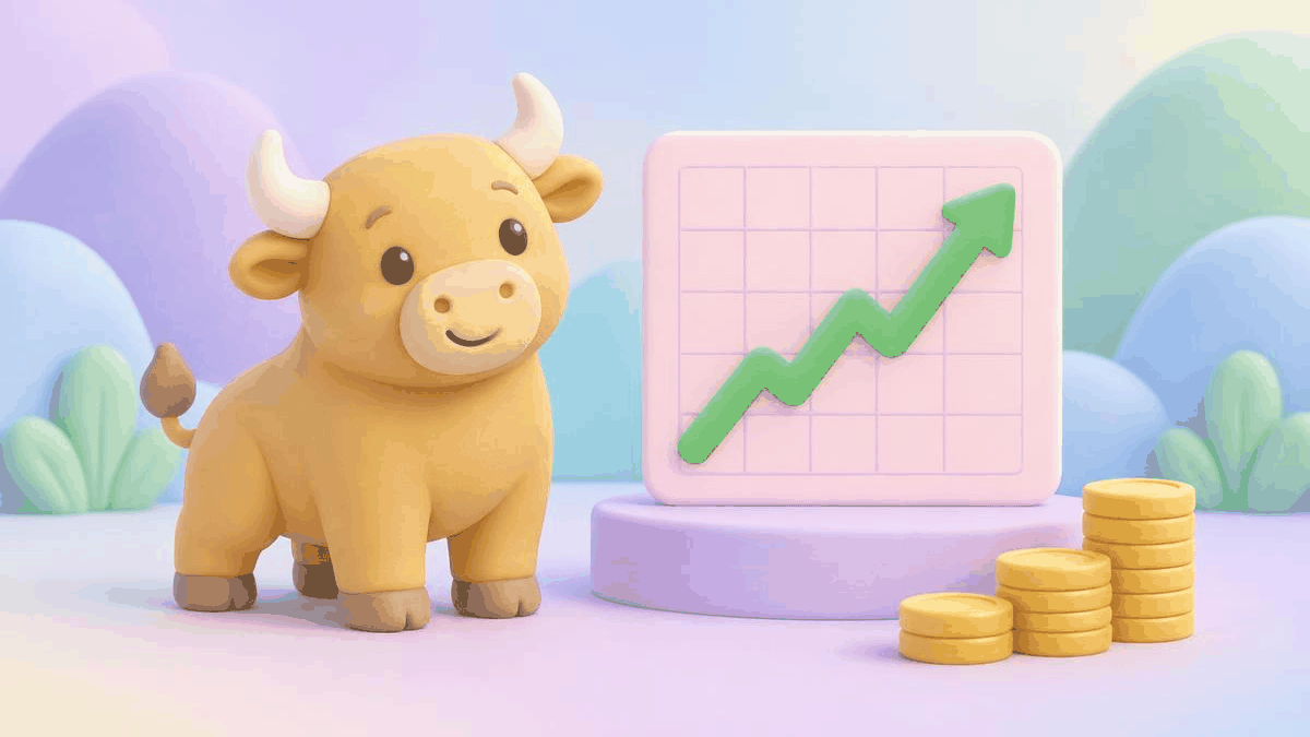Illustrated friendly bull beside an upward-sloping price chart and stacked coins on a soft pastel background
