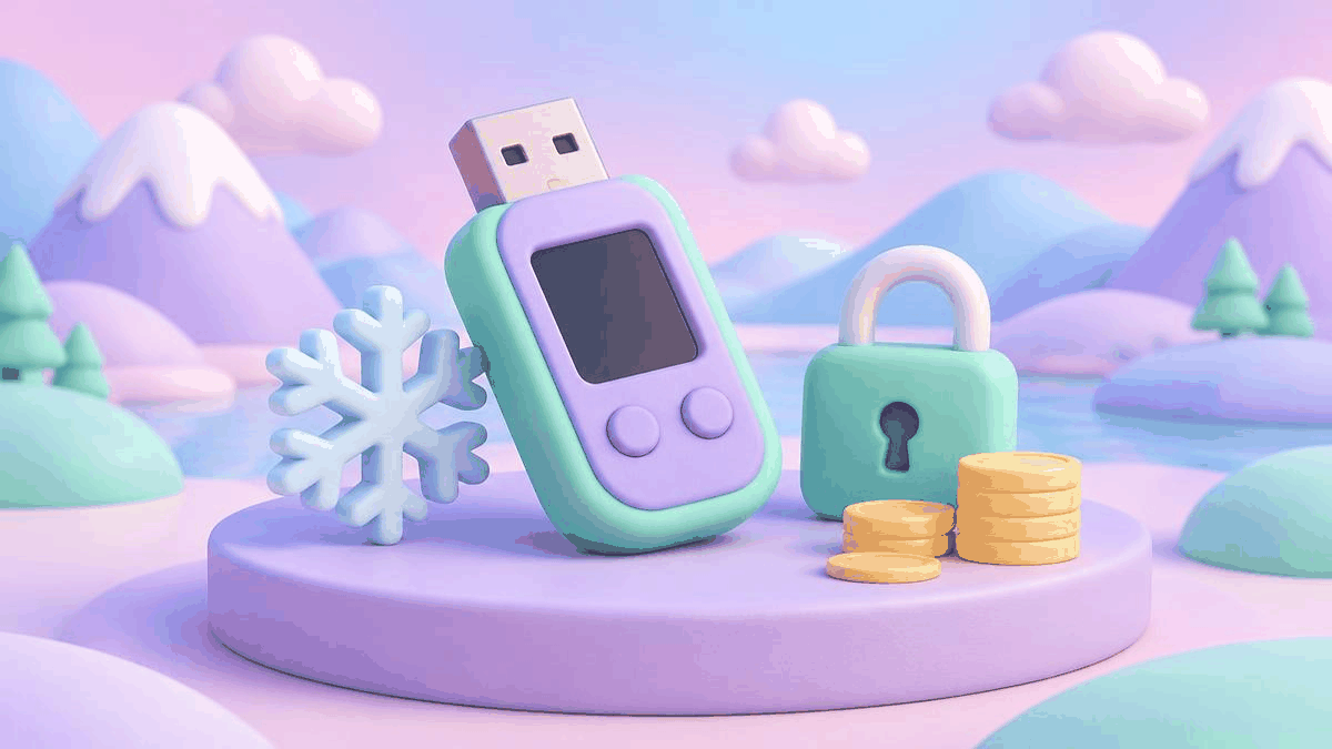 Illustrated small hardware wallet device with a snowflake beside stacked coins on a soft pastel background
