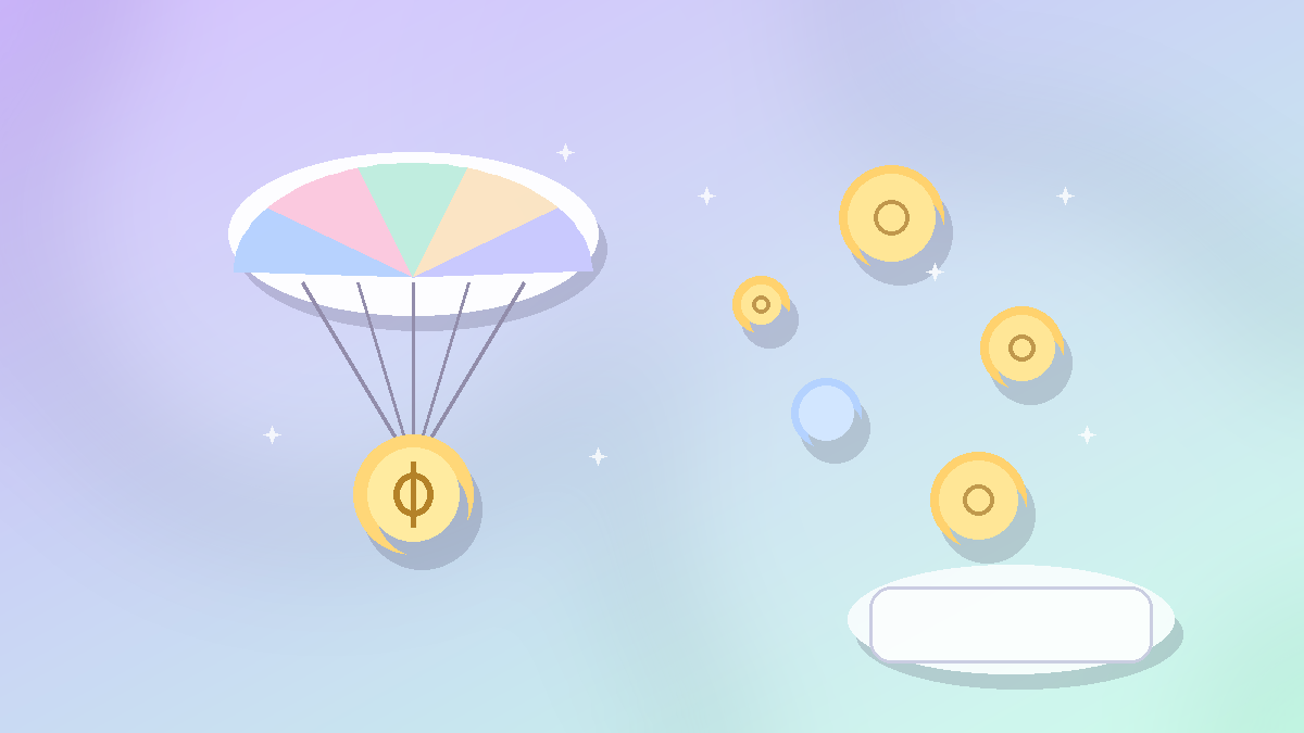 Illustrated gold coins falling under a parachute on a soft pastel gradient