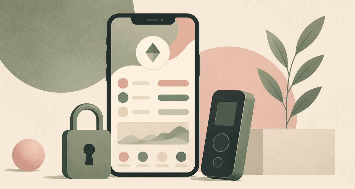 Illustrated explainer of a phone hot wallet, a green padlock and a hardware cold wallet device