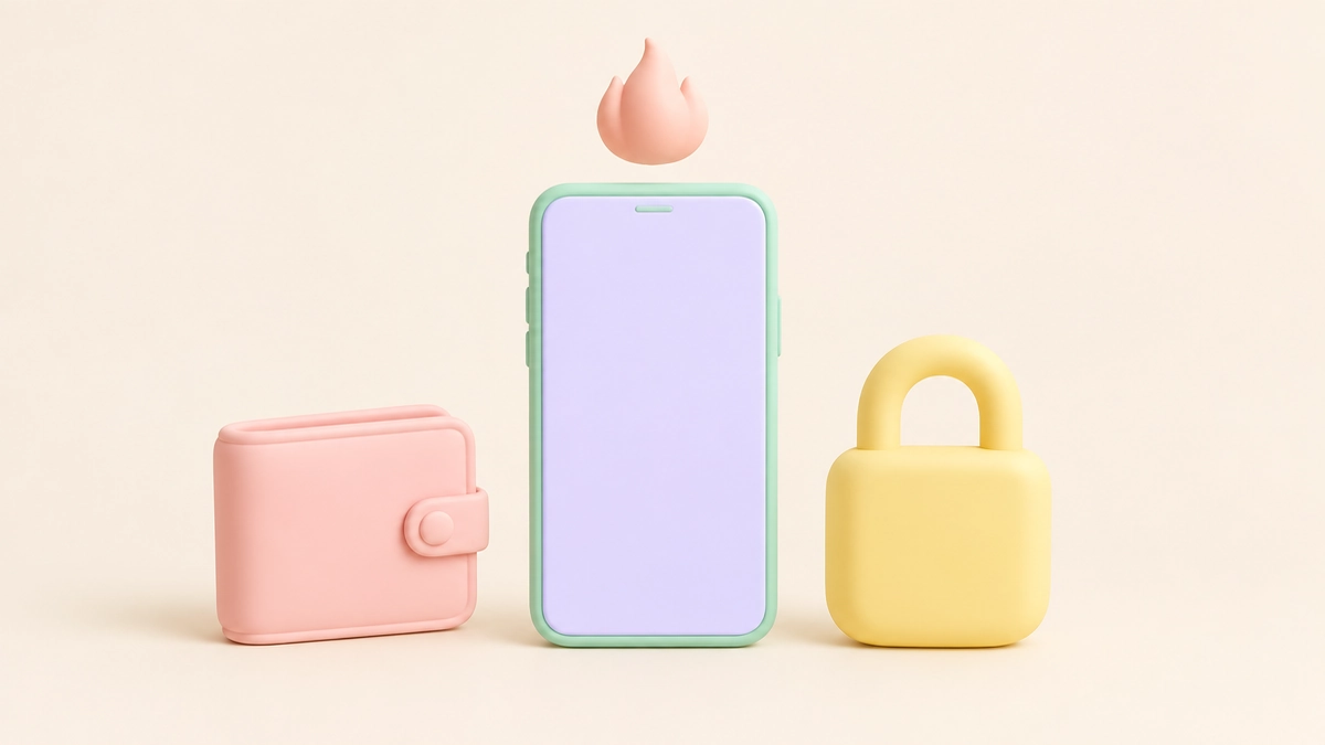Illustrated pastel smartphone with a small glowing flame, beside a padlock and a soft wallet on a warm off-white background