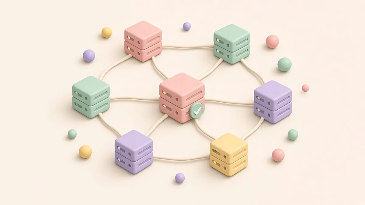 Illustrated pastel network of small rounded server boxes in pink, mint, lavender and yellow, linked by soft cream lines around a central server with a tick badge, on a warm off-white background
