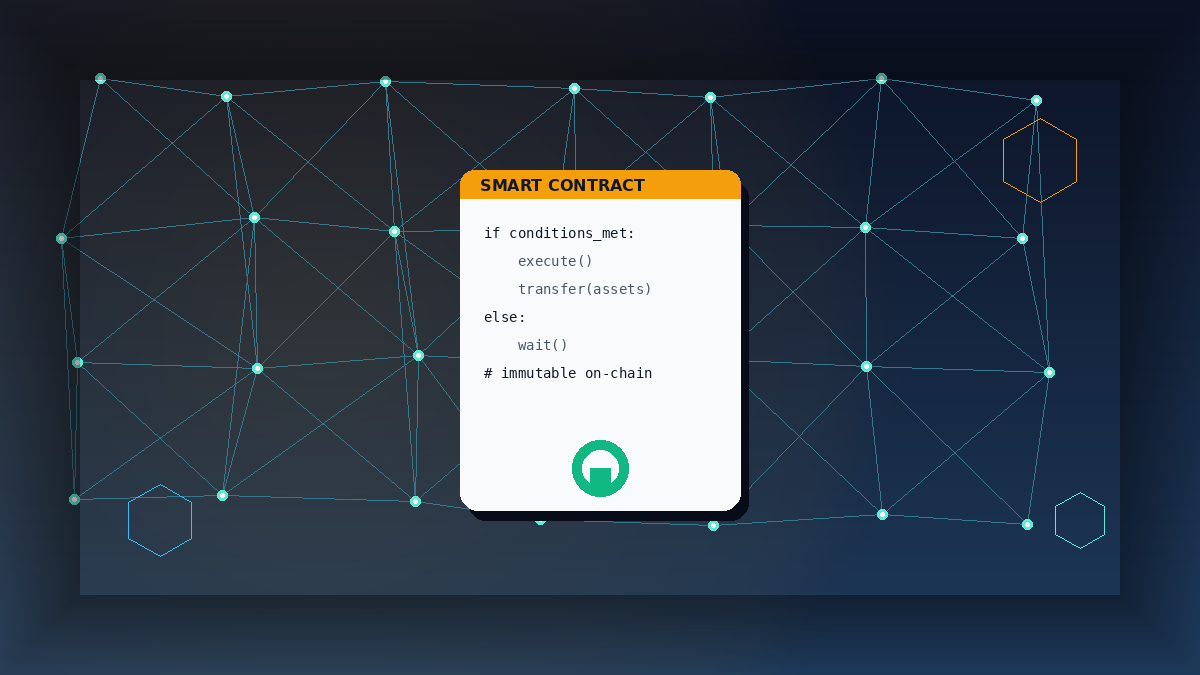 Illustrated smart contract document with blockchain network nodes