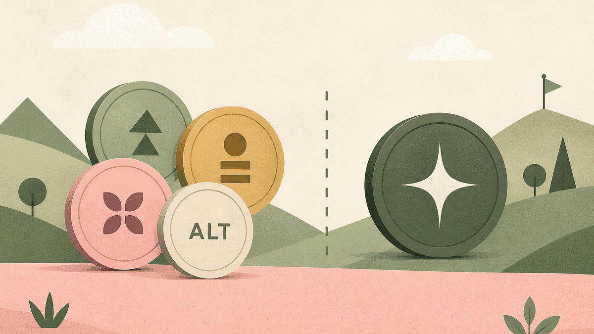 Illustrated group of colourful altcoin coins on a path with a larger Bitcoin-style coin in the distance