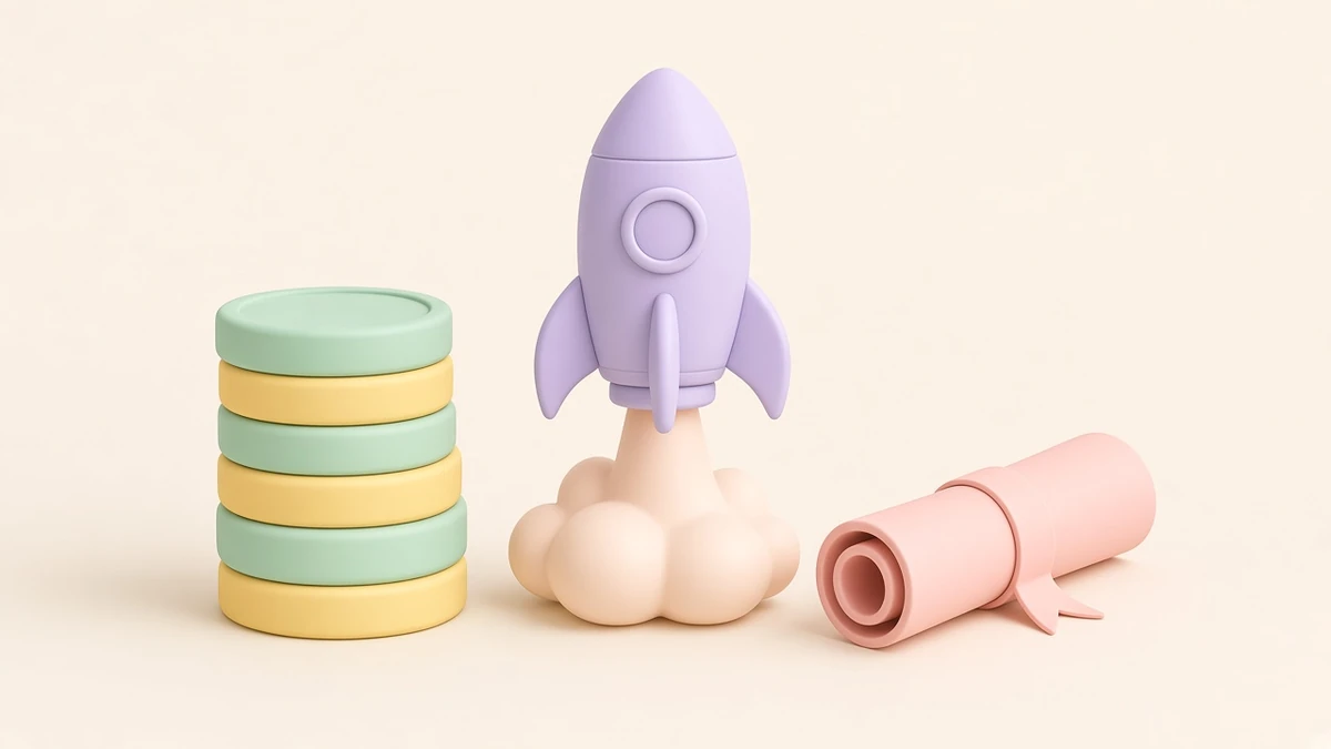 Illustrated pastel rocket lifting off beside a stack of plain coins and a rolled document on a warm off-white background