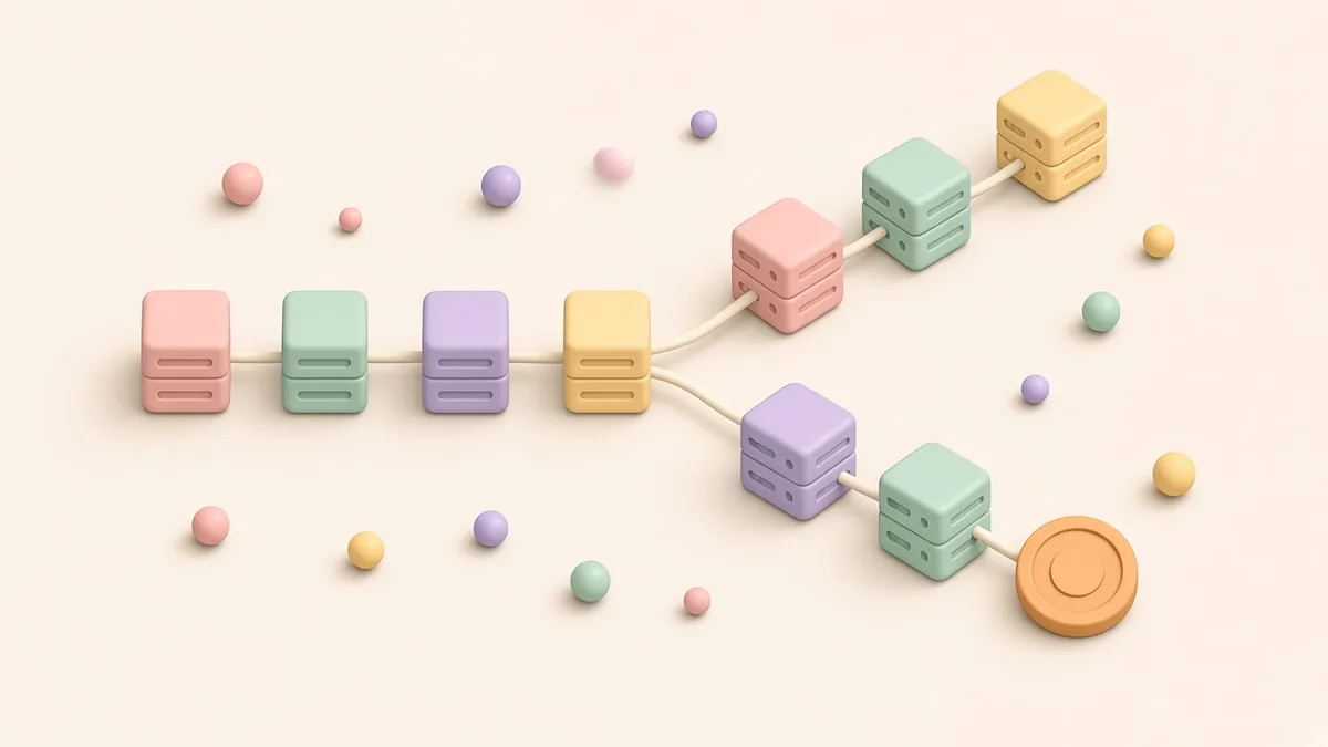 Illustrated pastel chain of rounded blocks splitting into two paths at a fork, with an orange coin on one branch, on a warm off-white background