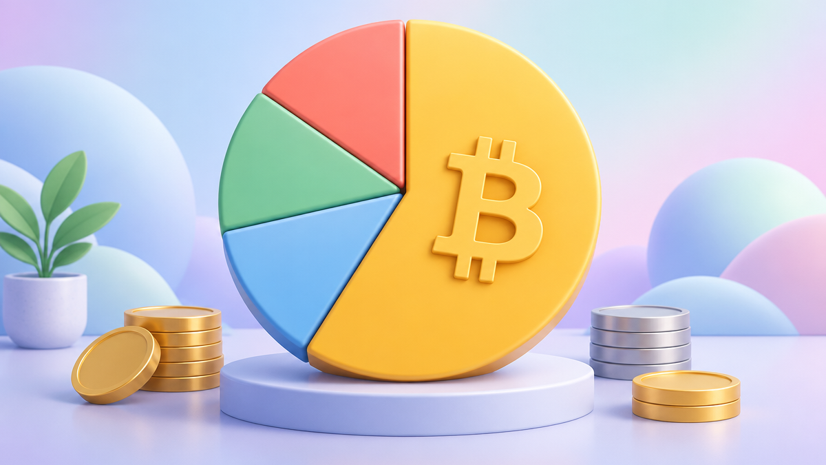 Illustrated pie chart with one large Bitcoin slice beside smaller coins on a soft pastel background