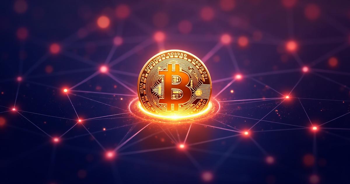 Golden Bitcoin coin with blockchain network visualization in background