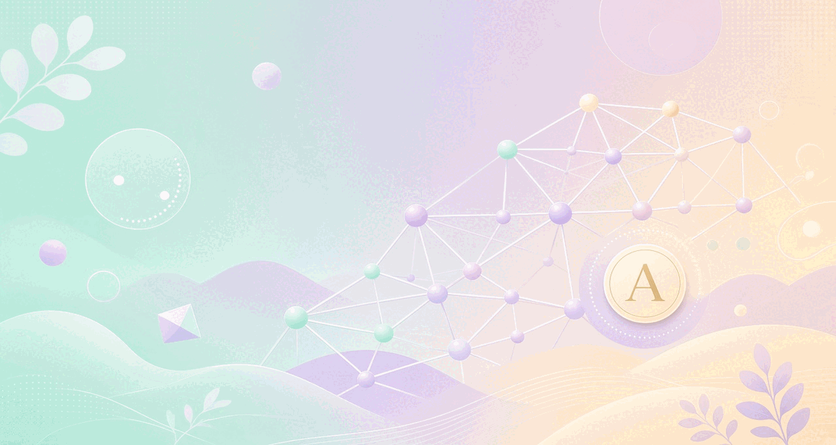 Illustrated Cardano network of connected nodes with an ADA coin on a pastel gradient
