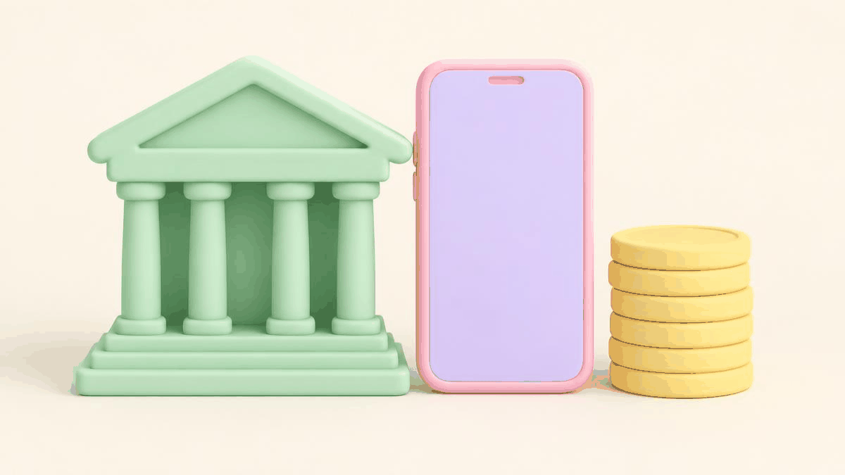 Illustrated pastel bank building with a smartphone and a stack of smooth coins on a warm off-white background
