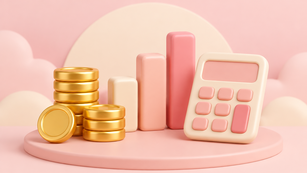 Illustrated stack of coins next to a simple bar chart and a calculator on a soft pastel background