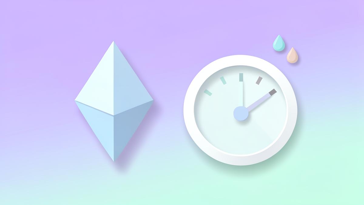 Illustrated Ethereum diamond beside a fuel gauge and fuel drops on a soft pastel gradient