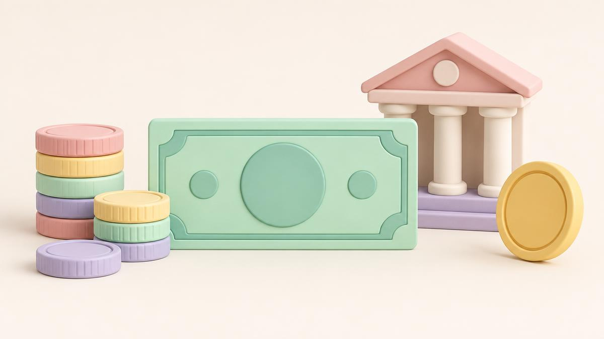 Illustrated pastel banknote and a stack of coins beside a small classical bank building and a single gold coin