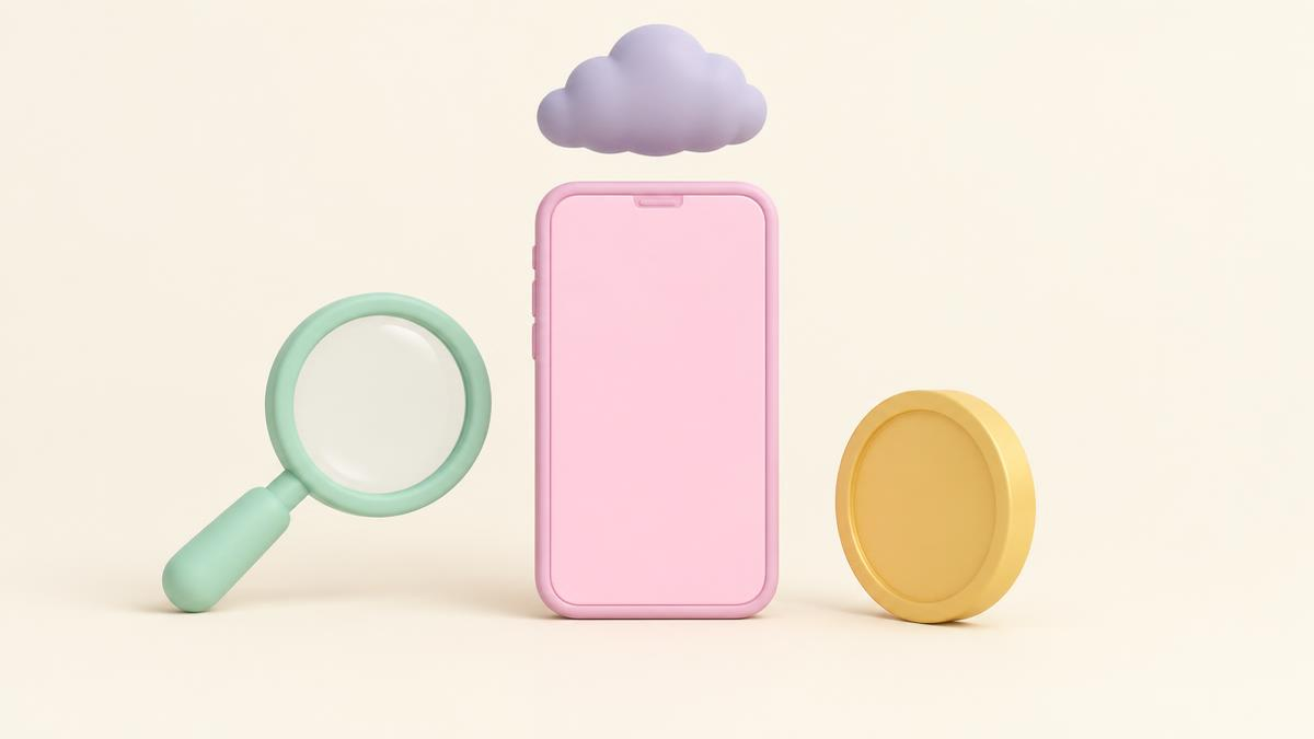 Illustrated pastel smartphone with a small storm cloud above it, beside a magnifying glass and a calm coin