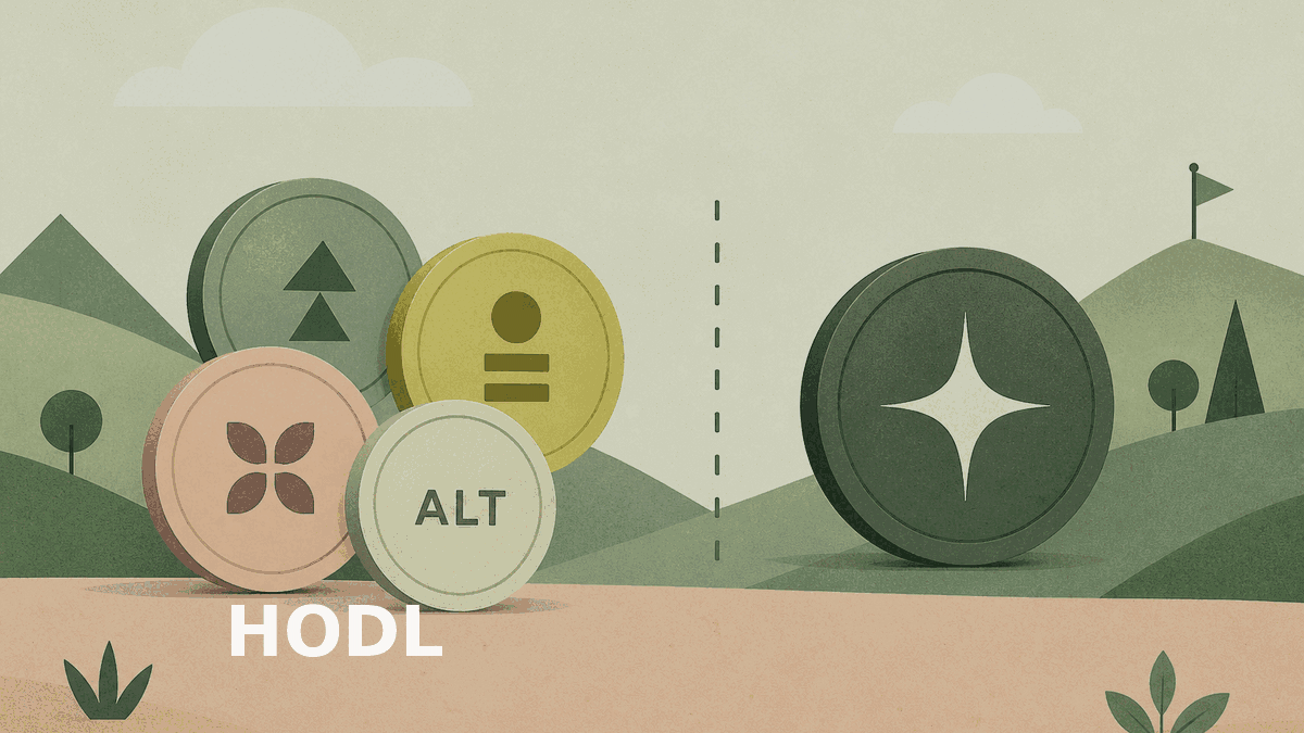 Illustrated cluster of altcoin coins with the word HODL beside a single large coin standing alone on a path