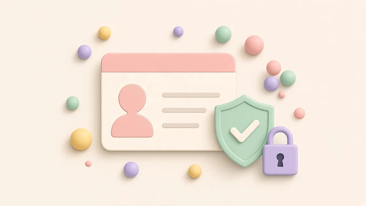 Illustrated pastel ID card with a soft portrait silhouette beside a shield with a tick and a small padlock, on a warm off-white background