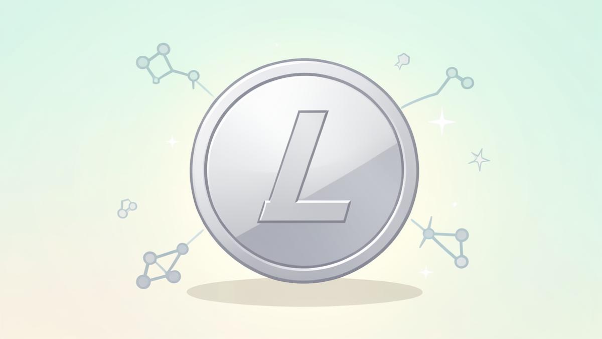 Illustrated silver Litecoin coin on a soft pastel gradient