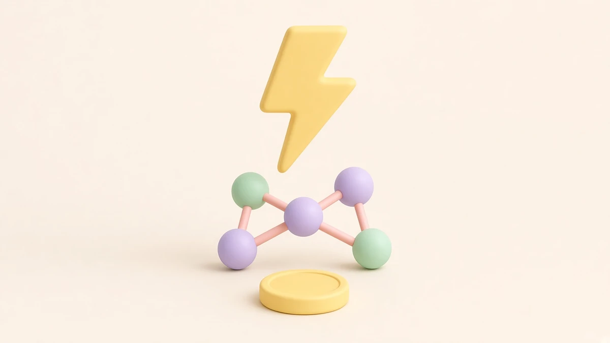 Illustrated pastel lightning bolt linking rounded nodes above a plain coin on a warm off-white background