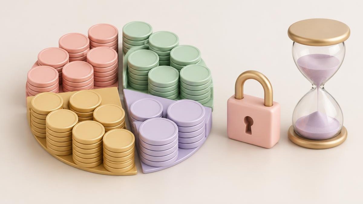 Illustrated coins arranged as a pie chart beside a small padlock and an hourglass on a soft pastel background