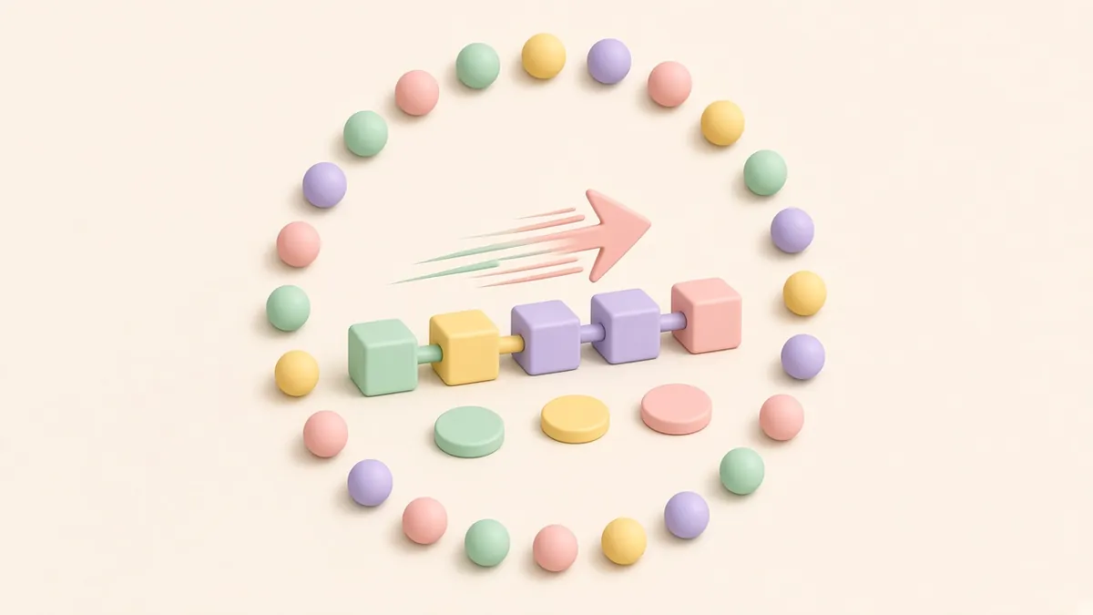 Illustrated pastel blocks linked in a chain with a speed arrow, ringed by small pastel nodes, with plain coins on a warm off-white background