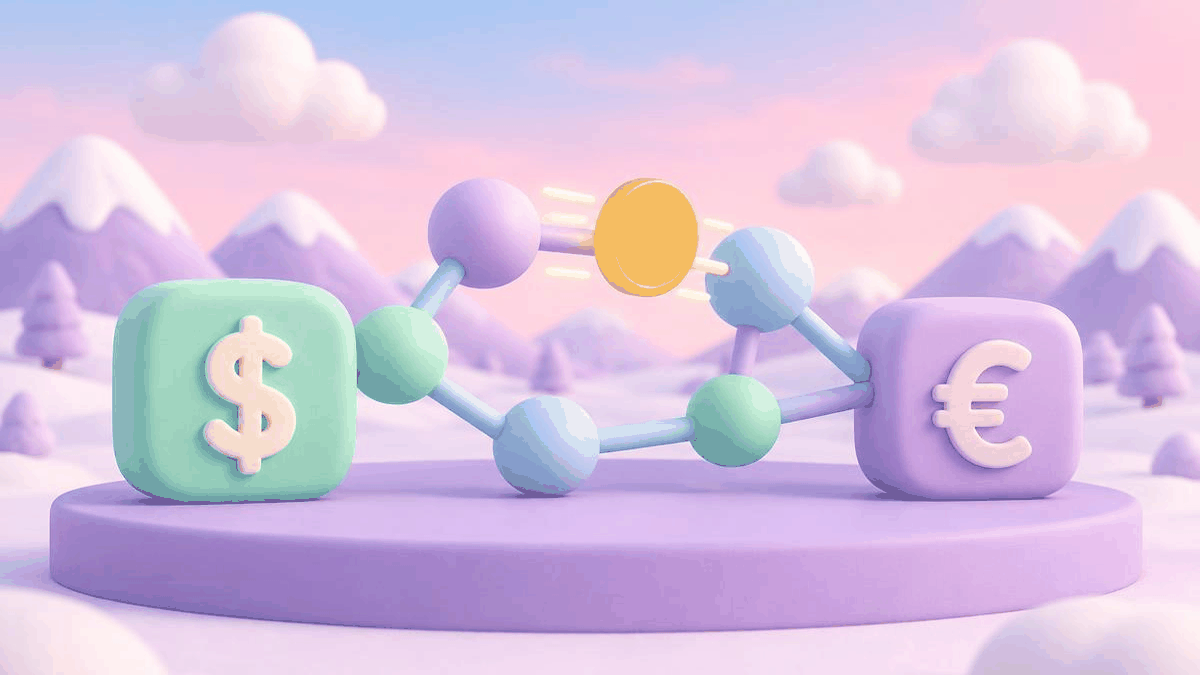 Illustrated network of connected nodes passing a coin between two currency symbols on a soft pastel background